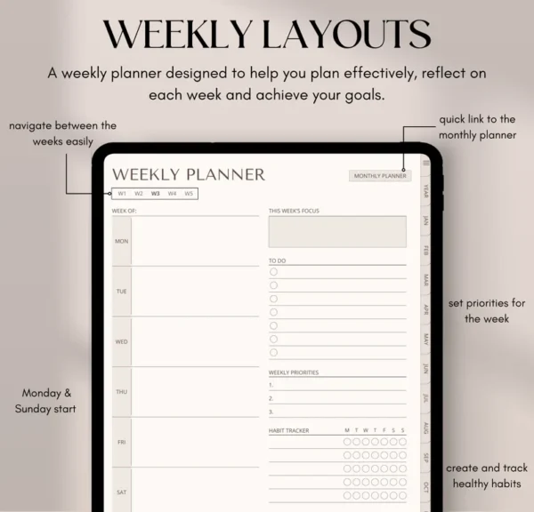 Digital Planner Undated, iPad & Android Planner, GoodNotes Planner, Digital Calendar, Daily, Weekly, Monthly Journal, 2024 2025 iPad Planner - Image 5