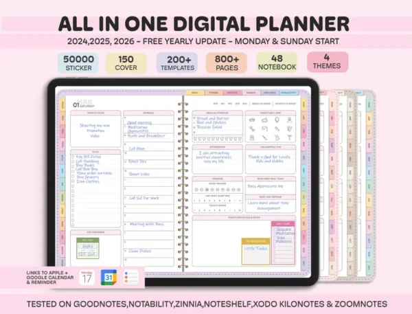 All-in-One Digital Planner 2024, 2025, 2026, Digital Planner, Digital Journal, Digital Goodnotes Template, Weekly, Daily Planner, Notability