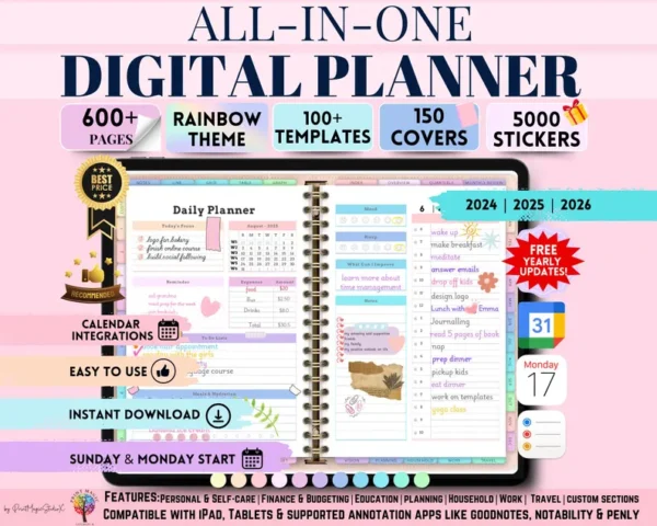 All-in-One Digital Planner 2024, 2025, 2026, Digital Planner, Digital Journal, Digital Goodnotes Template, Weekly, Daily Planner, Notability