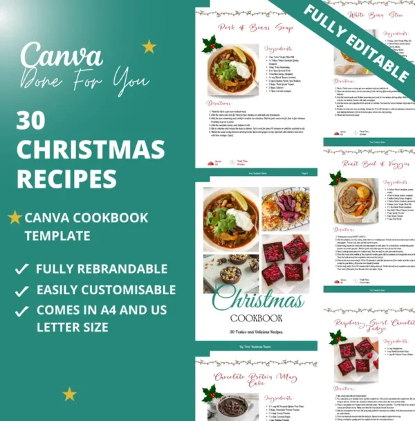 30 Christmas Recipes, Canva Cookbook Template, PLR Digital Product, Canva eBook Template