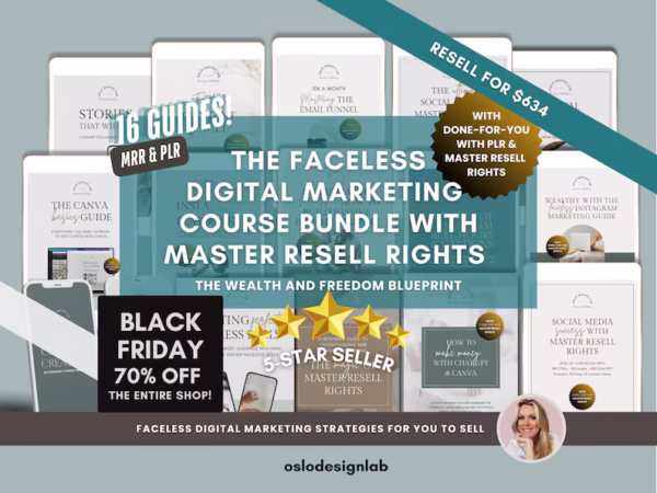 70% off all week!!! The Faceless Digital Marketing Course Bundle with PLR & Master Resell Rights, Sell Digital Products with MMR