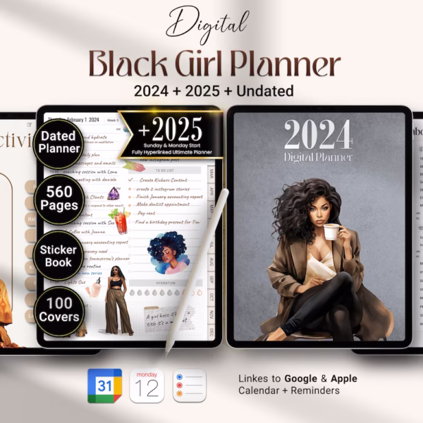 Black Girl Planner, 2024 2025 Digital Planner, Life Planner, Daily Planner, Weekly Planner, Monthly Planner iPad/Tablet, GoodNotes Planner