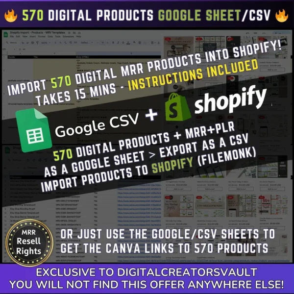 570 Digital Products Google Sheet CSV + Shopify Import files - Commercial Use - Plus Master resell rights MRR + PLR for the Products