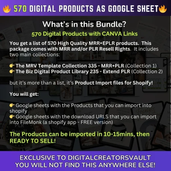 570 Digital Products Google Sheet CSV + Shopify Import files - Commercial Use - Plus Master resell rights MRR + PLR for the Products - Image 4