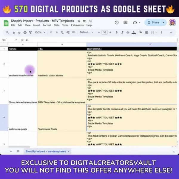 570 Digital Products Google Sheet CSV + Shopify Import files - Commercial Use - Plus Master resell rights MRR + PLR for the Products - Image 2