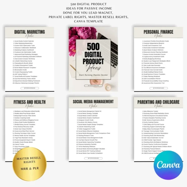 500 Digital Product Ideas For Passive Income, MasterResell Rights, Done for you, MRR PLR Canva Template - Image 9